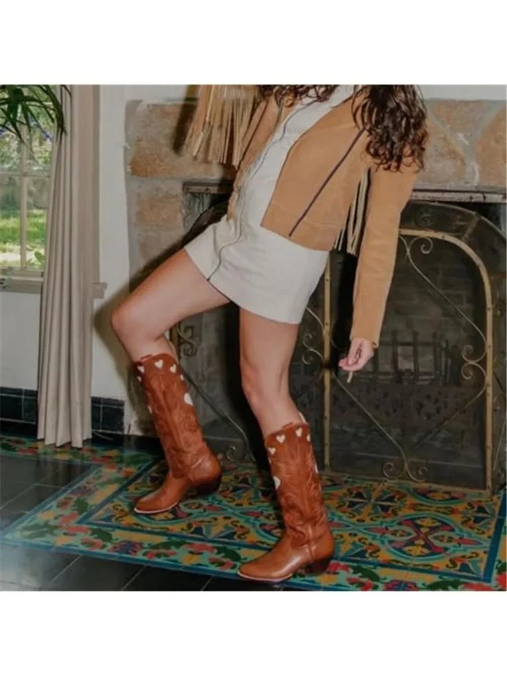 Knee High Boots for Women Heart Embroidered Western Boots Round Toe